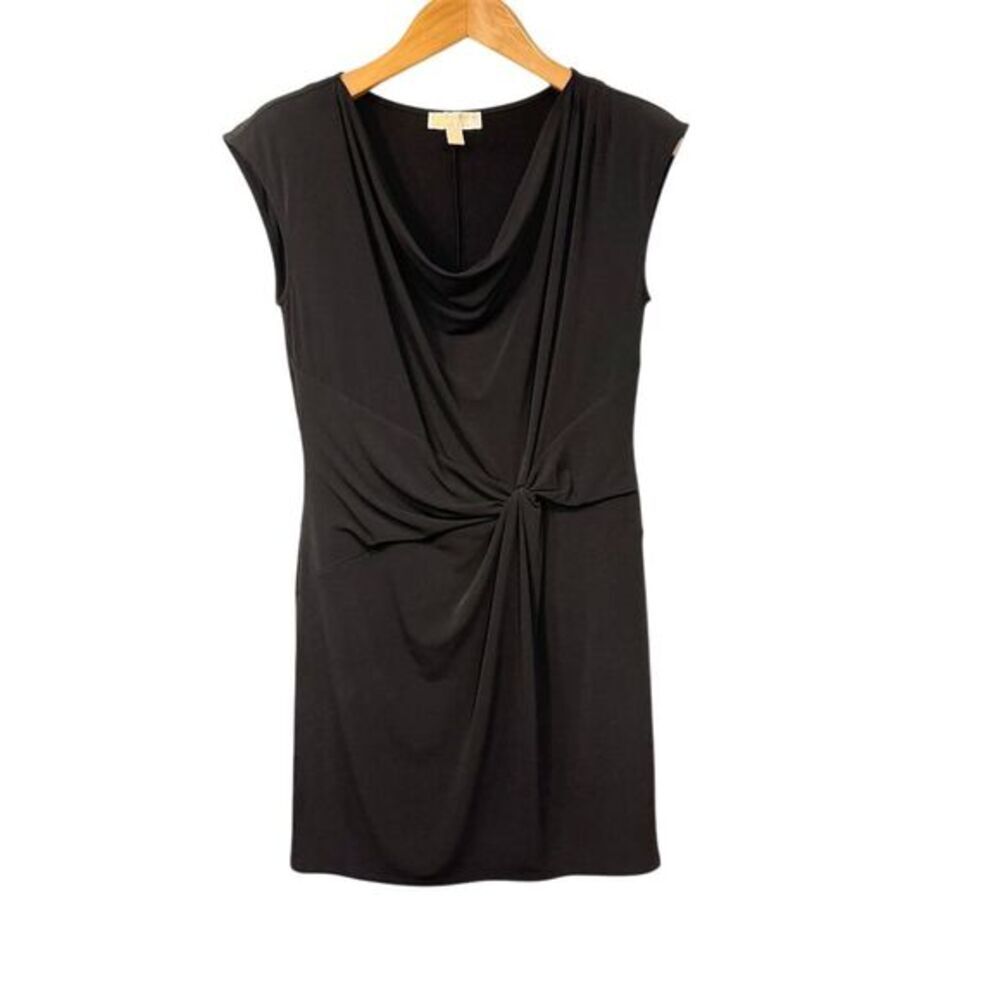 Michael‎ Kors Black Evening Cocktail Dress Drape Front Twist Knot L Jersey LBD